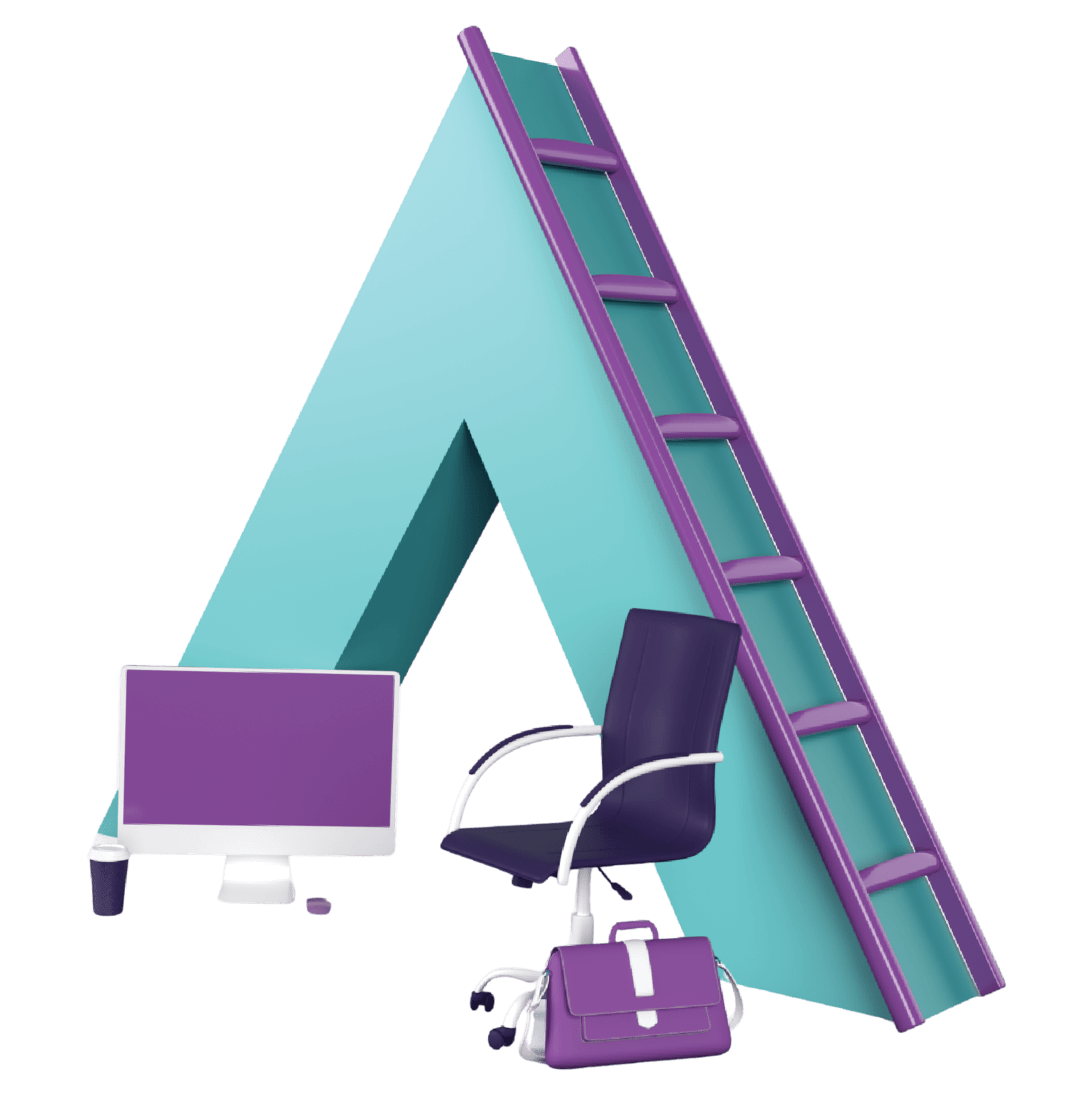 A turquoise letter A with a ladder, desk chair, computer, coffee cup, briefcase, and headphones